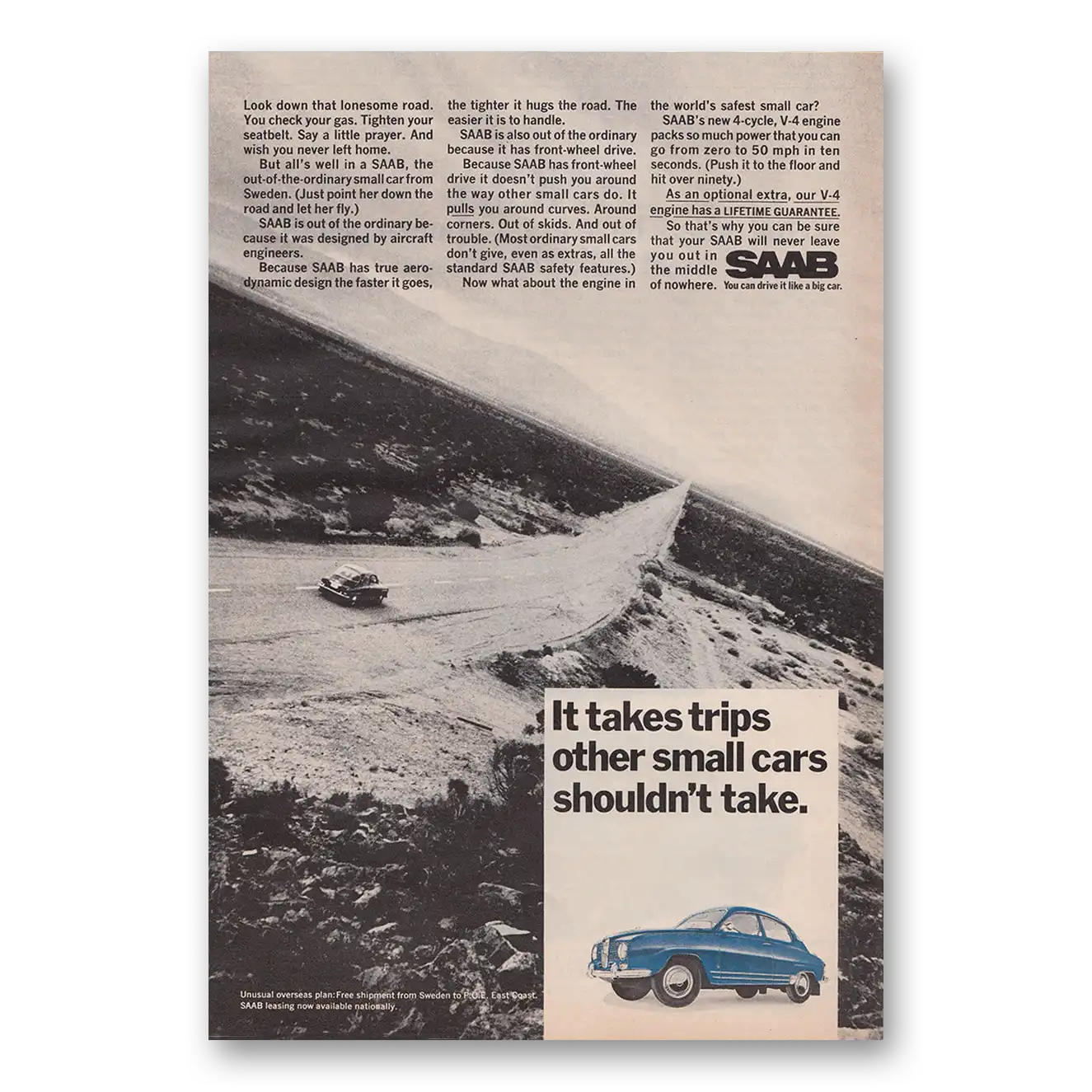 1968 Saab Look Down That Lonesome Road Vintage Magazine Print Ad