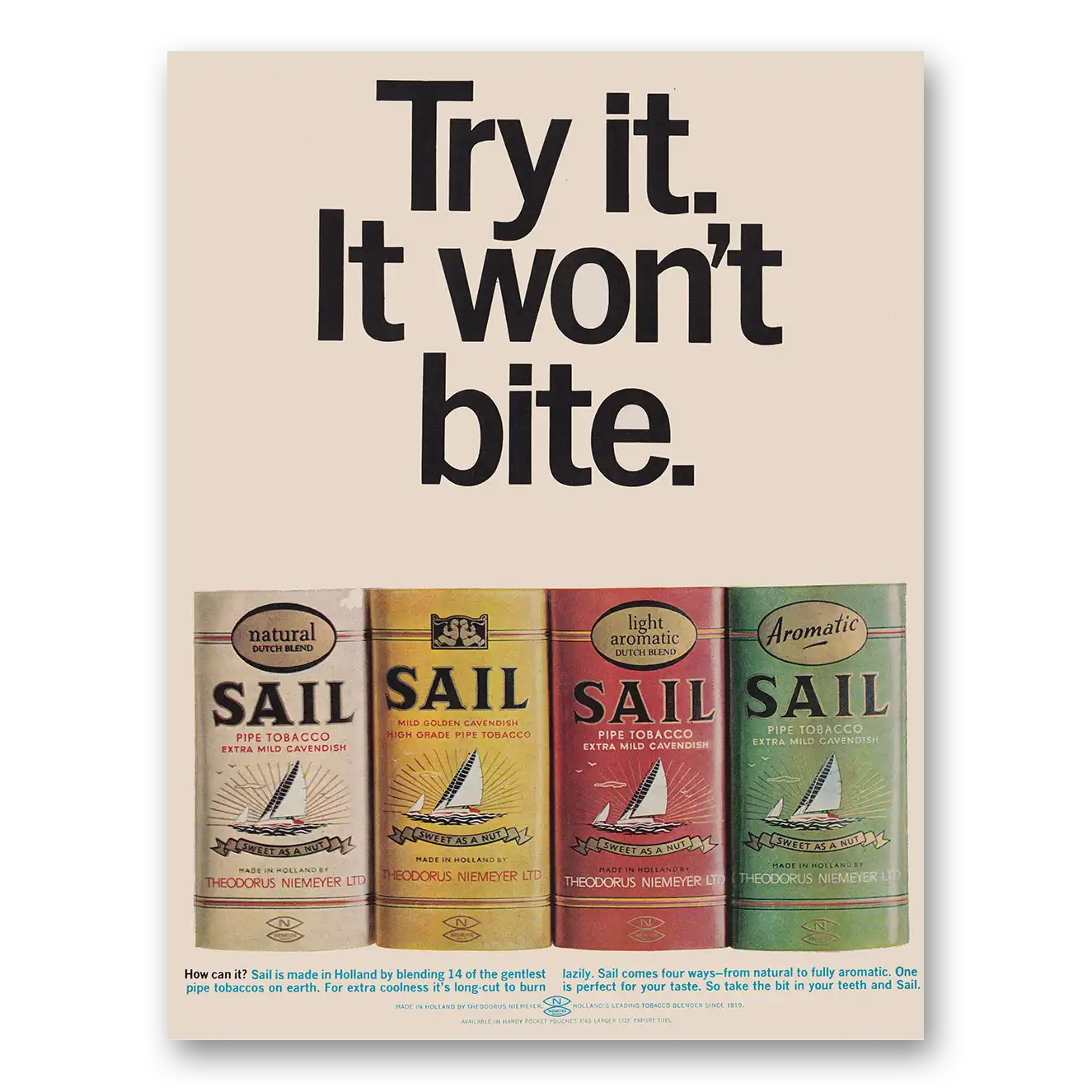 1968 Sail Pipe Tobacco Try It Won't Bite Vintage Magazine Print Ad