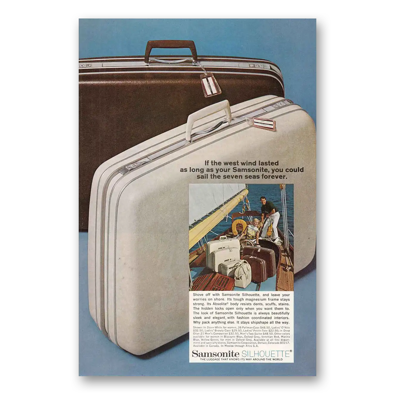 1968 Samsonite Luggage Silhouette Sailboat Vintage Magazine Print Ad