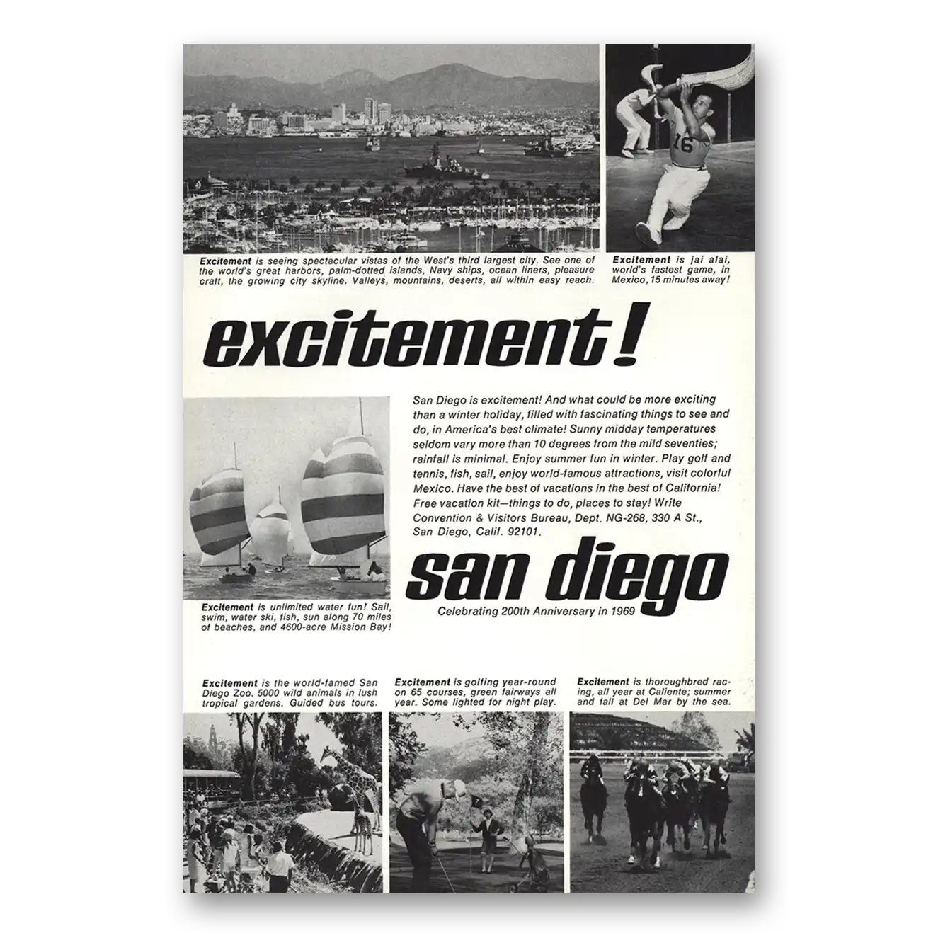 1968 San Diego California Excitement Spectacular Vistas Vintage Magazine Print Ad