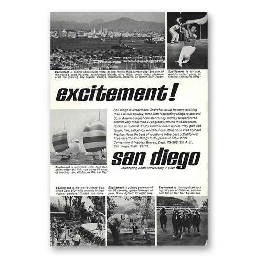 1968 San Diego California Excitement Spectacular Vistas Vintage Magazine Print Ad