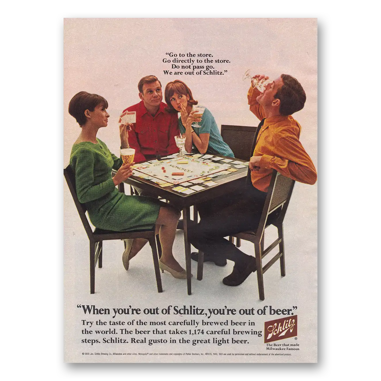 1968 Schlitz Beer Monopoly Go To the Store Vintage Magazine Print Ad