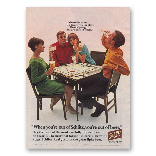 1968 Schlitz Beer Monopoly Go To the Store Vintage Magazine Print Ad