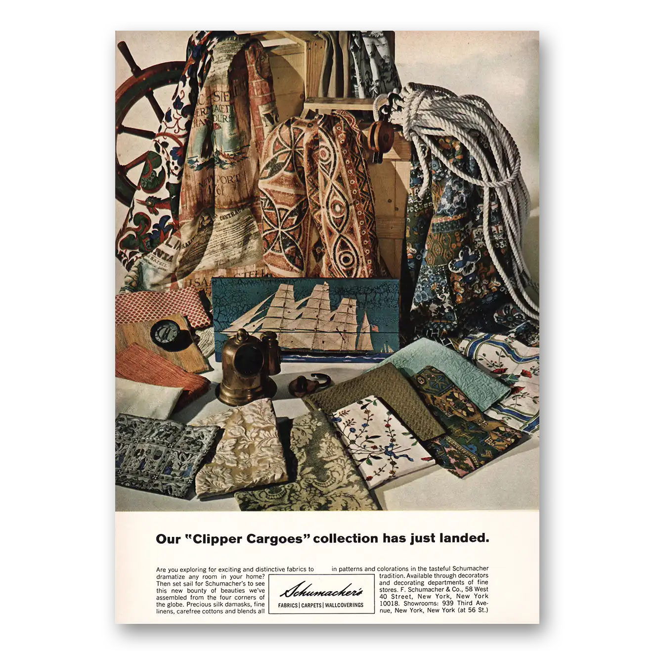 1968 Schumacher Fabrics Fabrics Clipper Cargoes Collection Vintage Magazine Print Ad