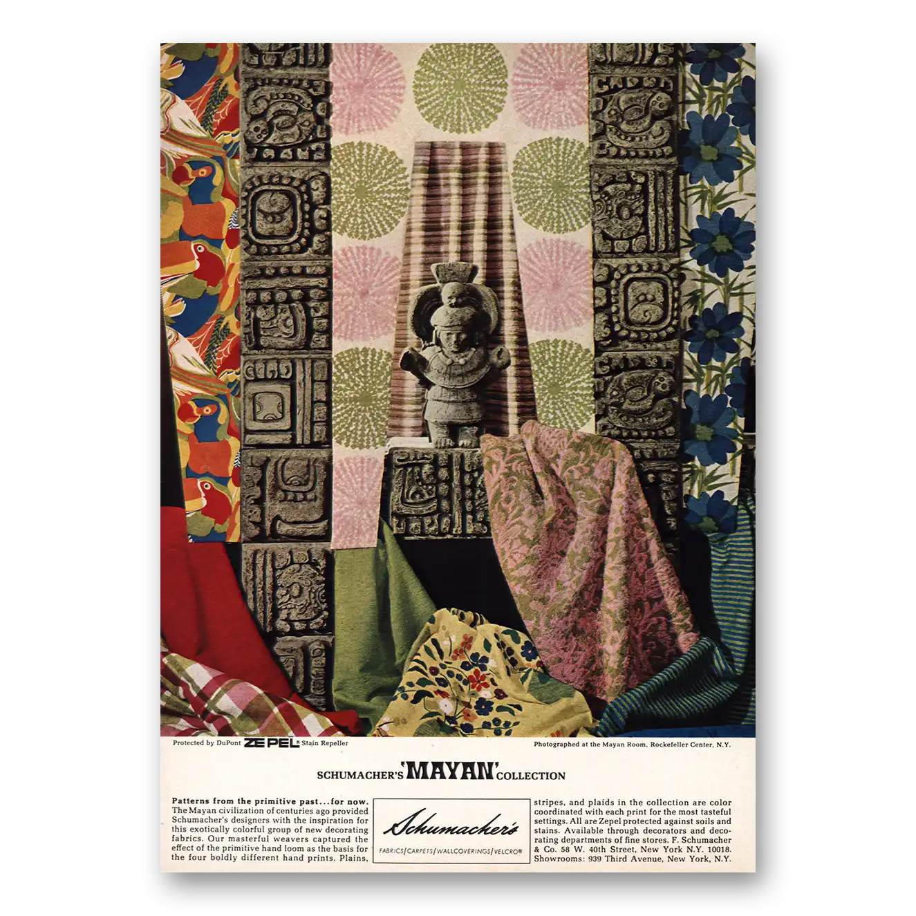 1968 Schumacher Fabrics Mayan Collection Patterns Primitive Past Vintage Magazine Print Ad