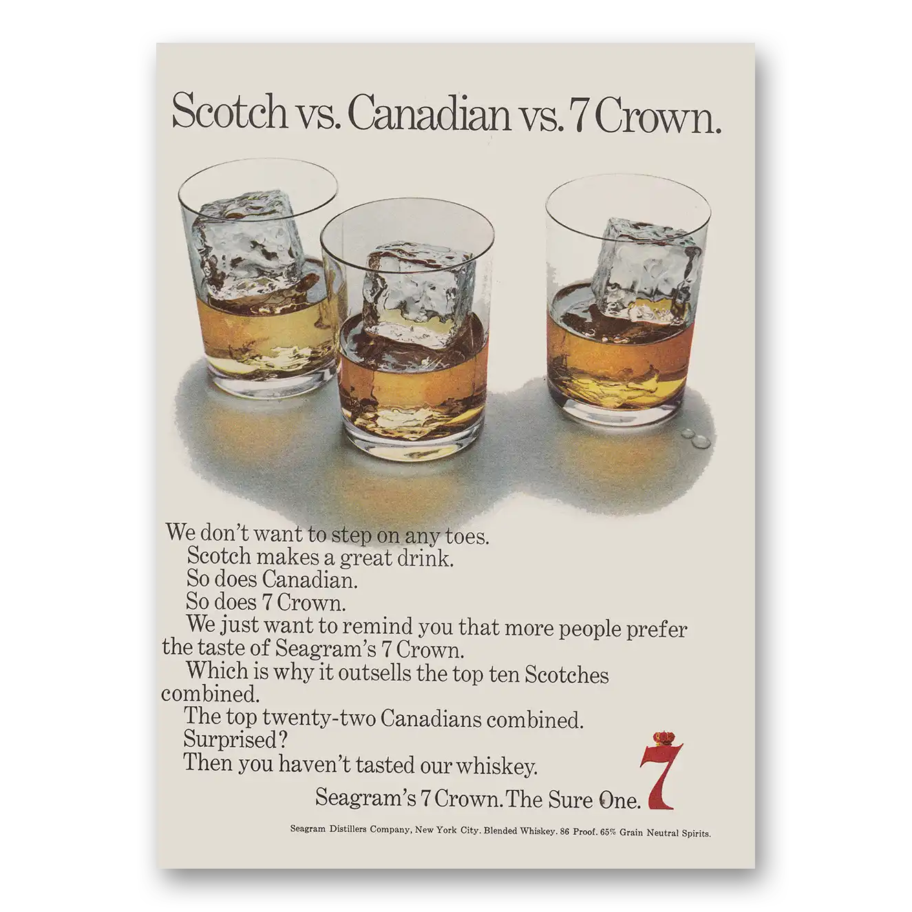 1968 Seagrams 7 Crown Whiskey Scotch vs Canadian vs 7 Crown Vintage Magazine Print Ad