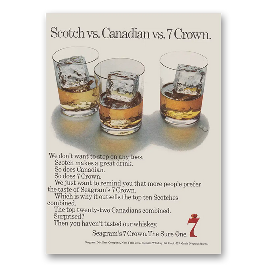 1968 Seagrams 7 Crown Whiskey Scotch vs Canadian vs 7 Crown Vintage Magazine Print Ad