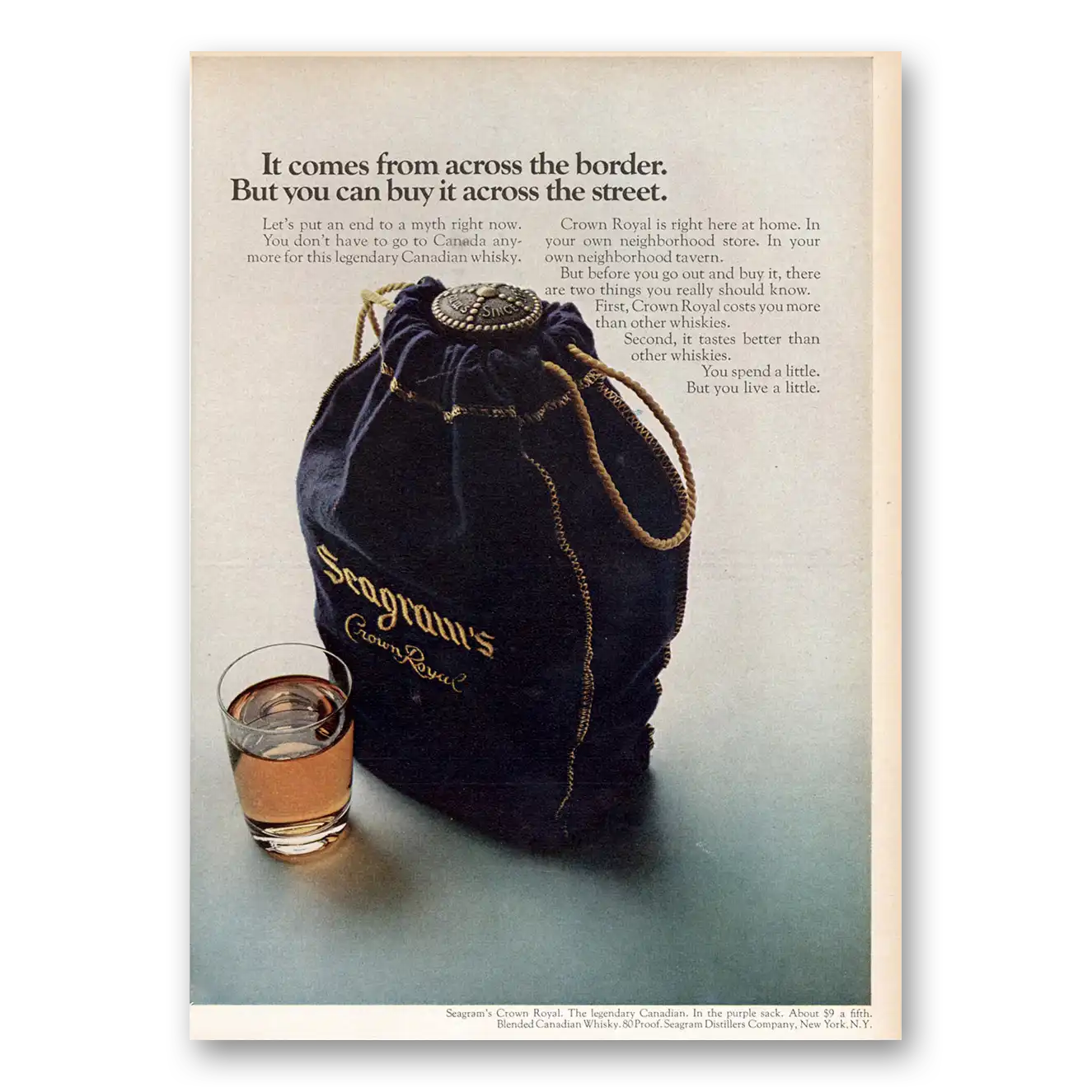 1968 Crown Royal Comes From Across the Border Vintage Magazine Print Ad