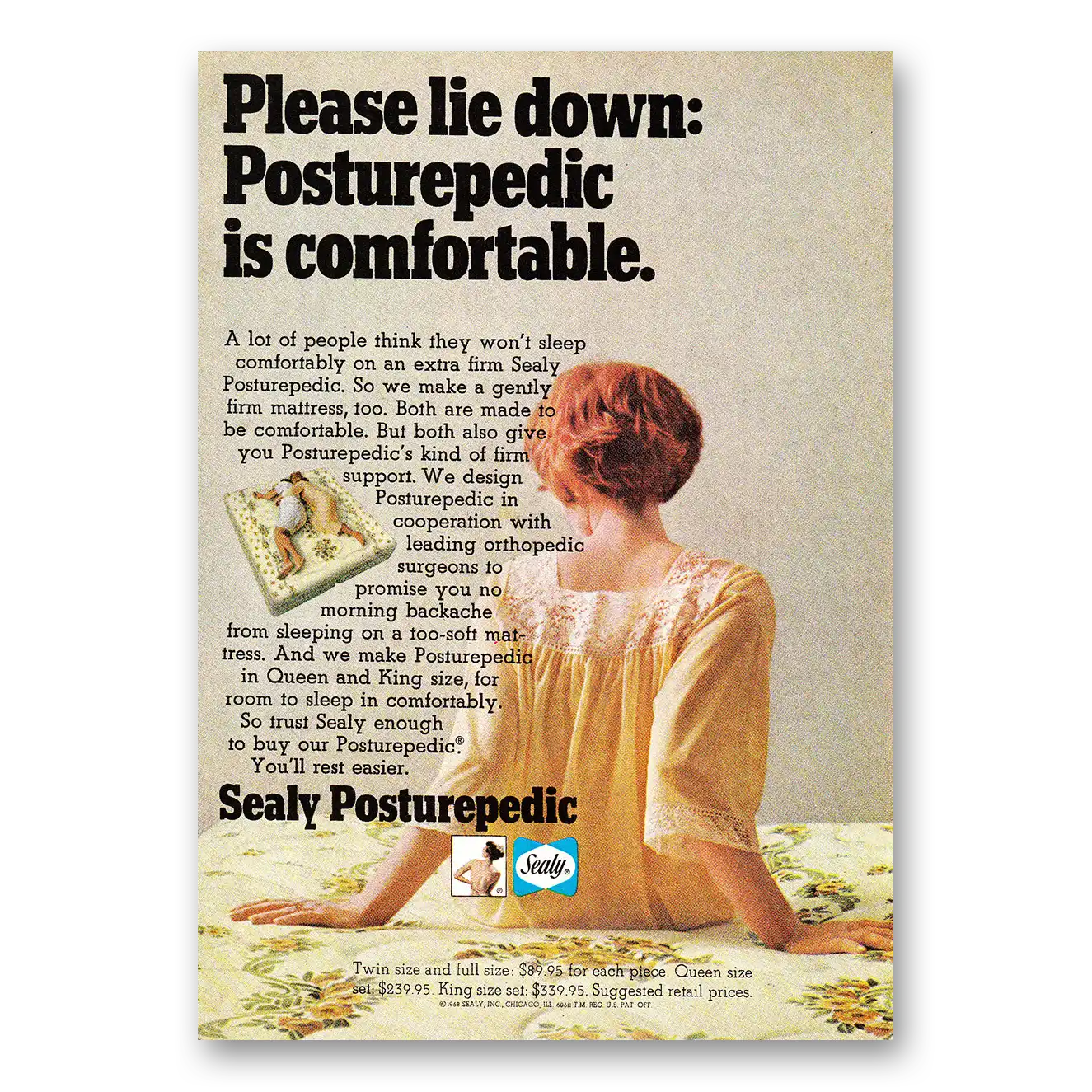 1968 Sealy Posturepedic Mattress Please Lie Down Vintage Magazine Print Ad