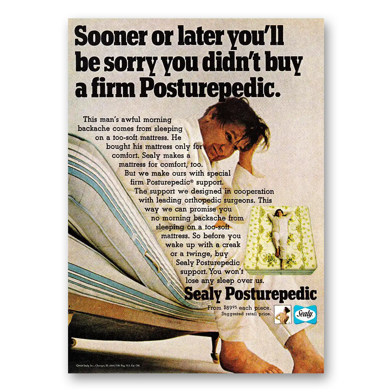 1968 Sealy Posturepedic Mattress Sooner or Later Be Sorry Vintage Magazine Print Ad