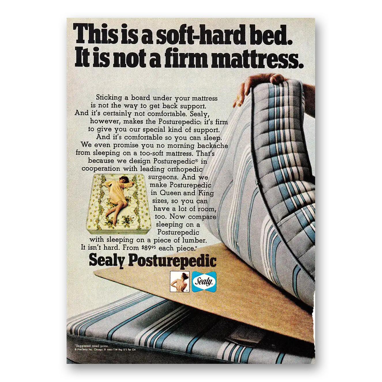 1968 Sealy Posturepedic Mattress Soft Hard Bed Vintage Magazine Print Ad