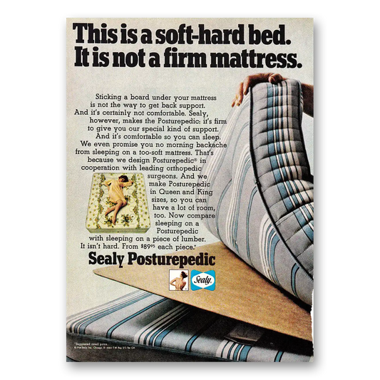 1968 Sealy Posturepedic Mattress Soft Hard Bed Vintage Magazine Print Ad