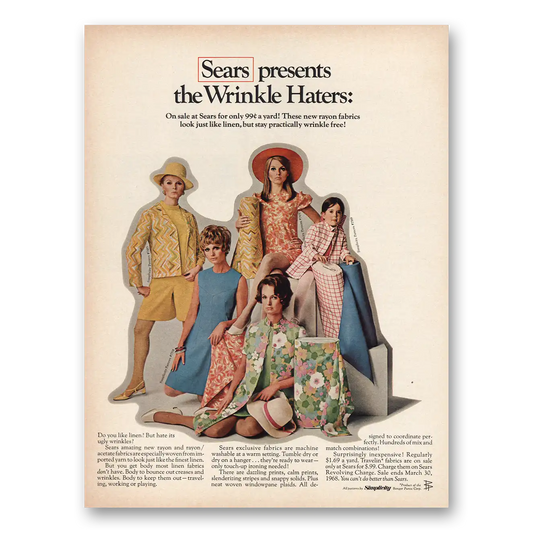 1968 Sears Fabrics Wrinkle Haters Vintage Magazine Print Ad