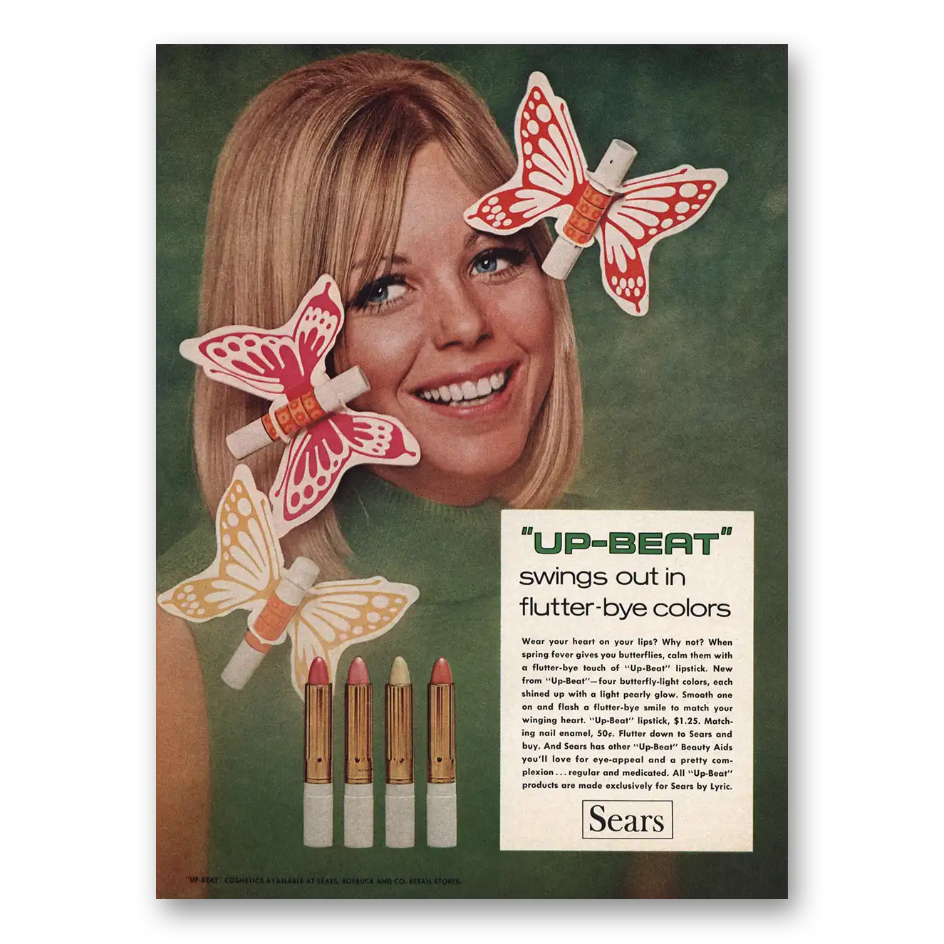 1968 Up Beat Lipstick Swings Out In Flutter Bye Colors Vintage Magazine Print Ad