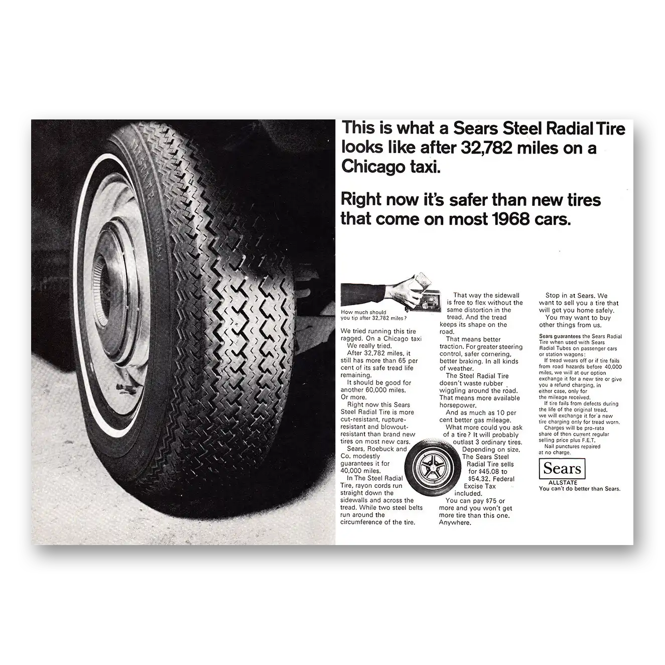 1968 Sears Tires Steel Radial Tire Chicago Taxi Vintage Magazine Print Ad