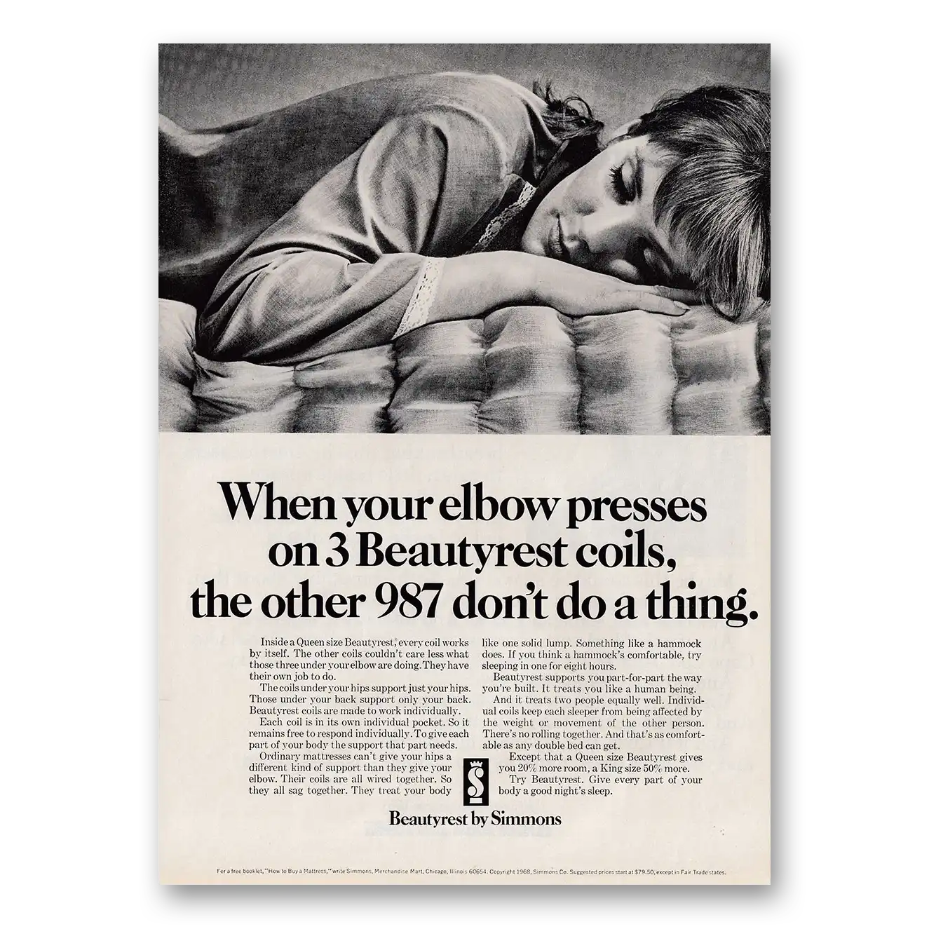 1968 Simmons Beautyrest Elbow Presses Vintage Magazine Print Ad