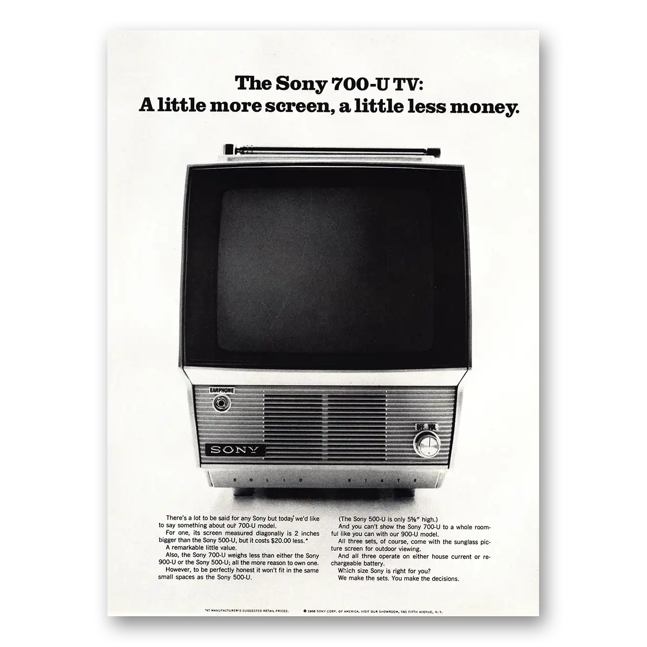 1968 Sony Portable TV Little More Screen Vintage Magazine Print Ad