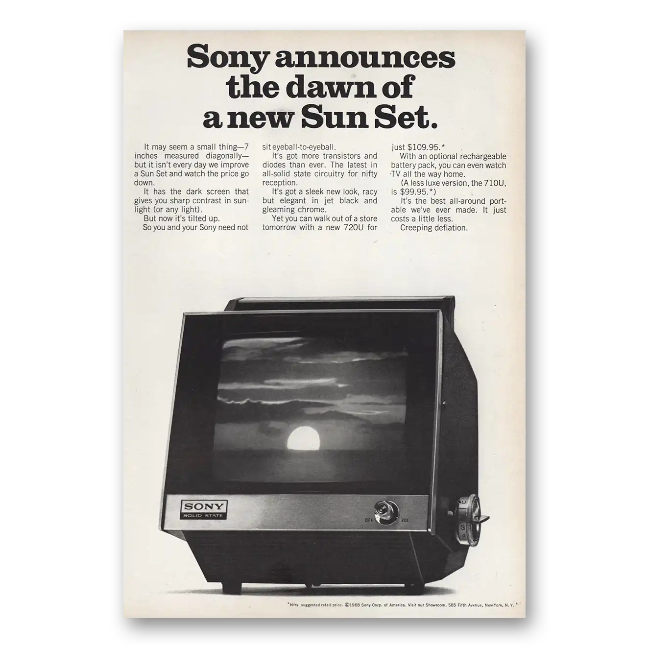 1968 Sony Television Dawn Of New Sun Set Vintage Magazine Print Ad