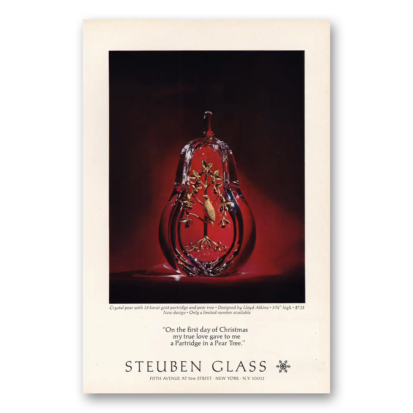 1968 Steuben Glass On the First Day Of Christmas Vintage Magazine Print Ad