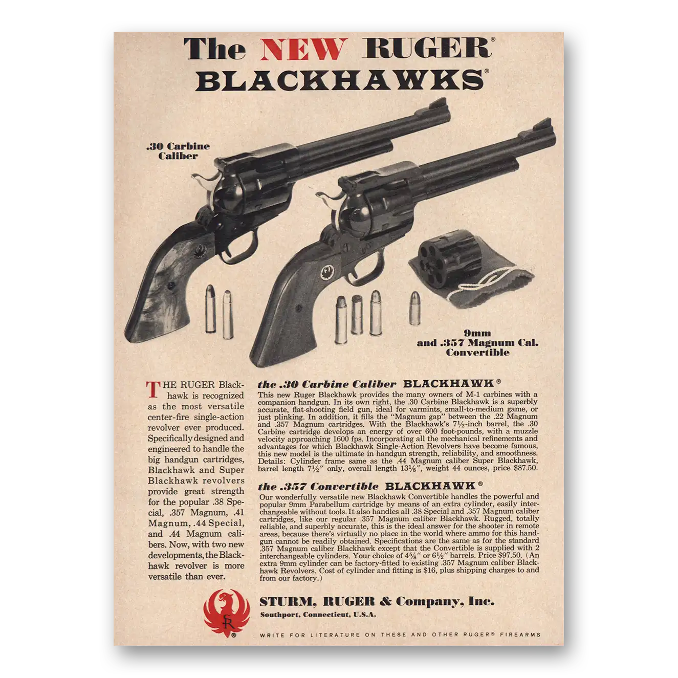 1968 Sturm Ruger Ruger Blackhawks Vintage Magazine Print Ad