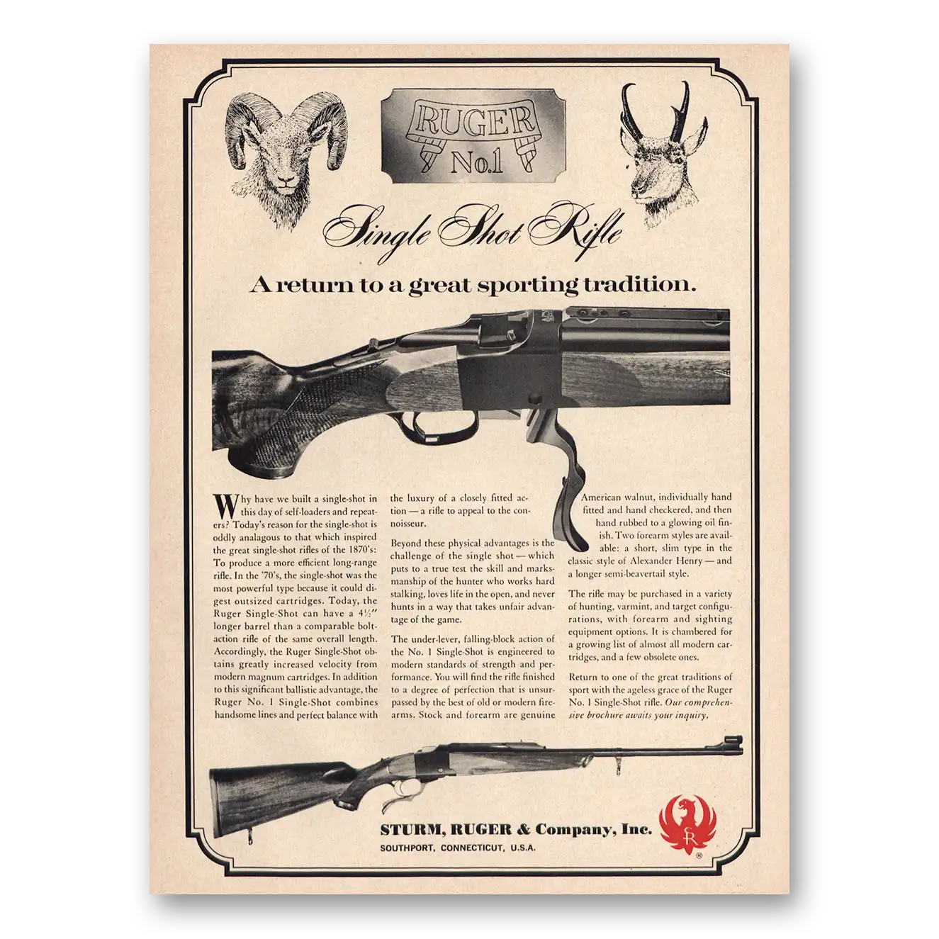 1968 Sturm Ruger Single Shot Rifle Vintage Magazine Print Ad