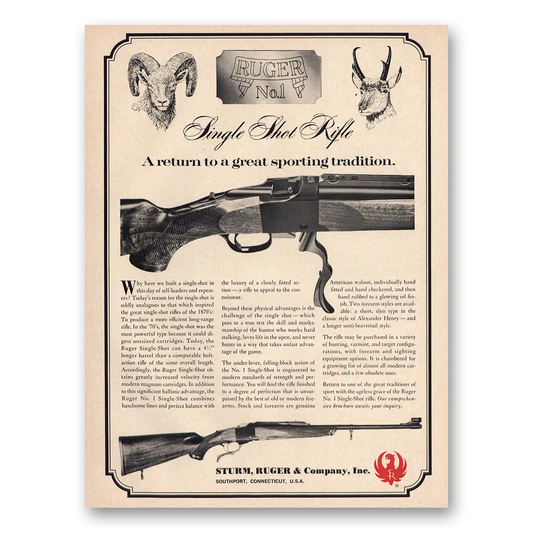 1968 Sturm Ruger Single Shot Rifle Vintage Magazine Print Ad