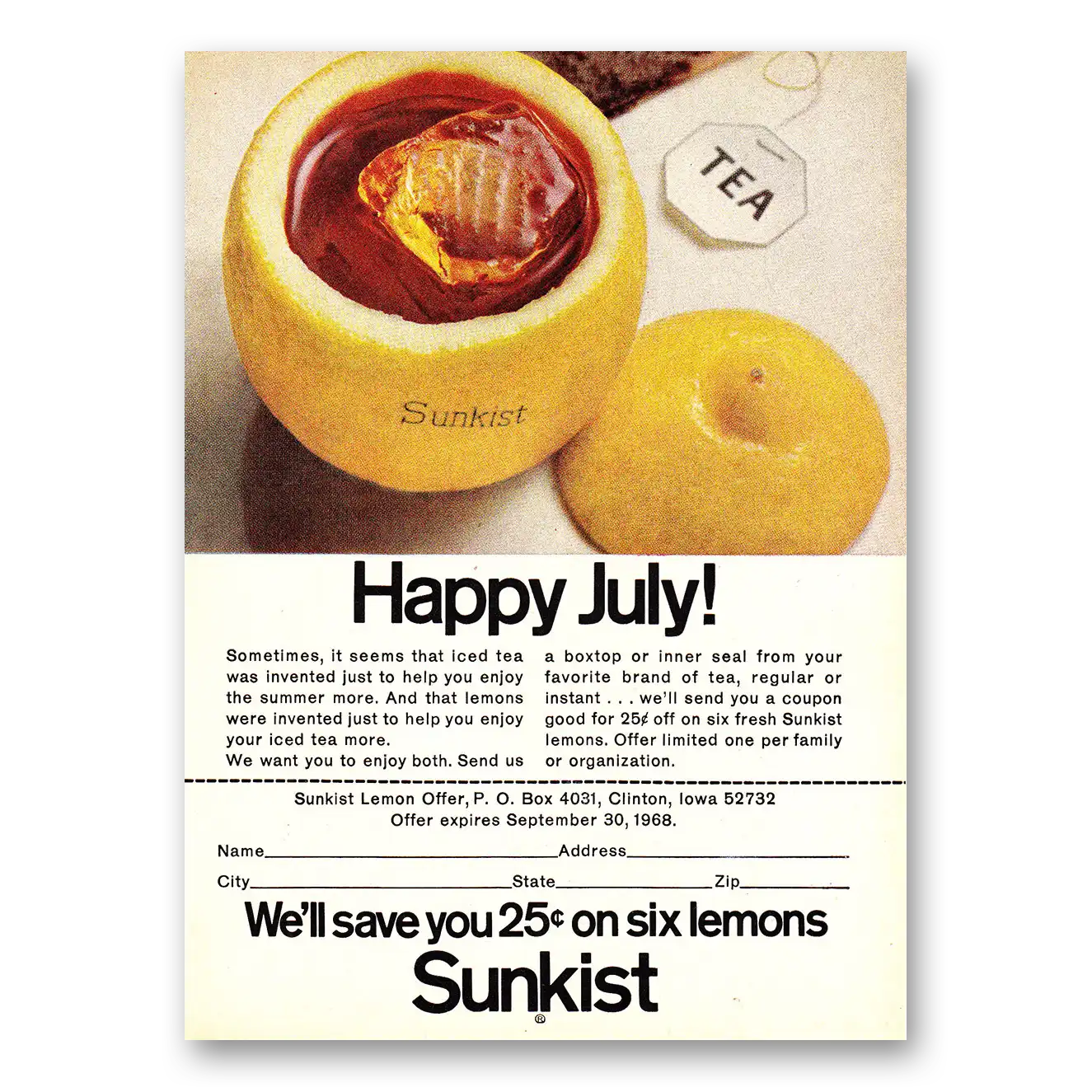 1968 Sunkist Lemons Happy July Vintage Magazine Print Ad