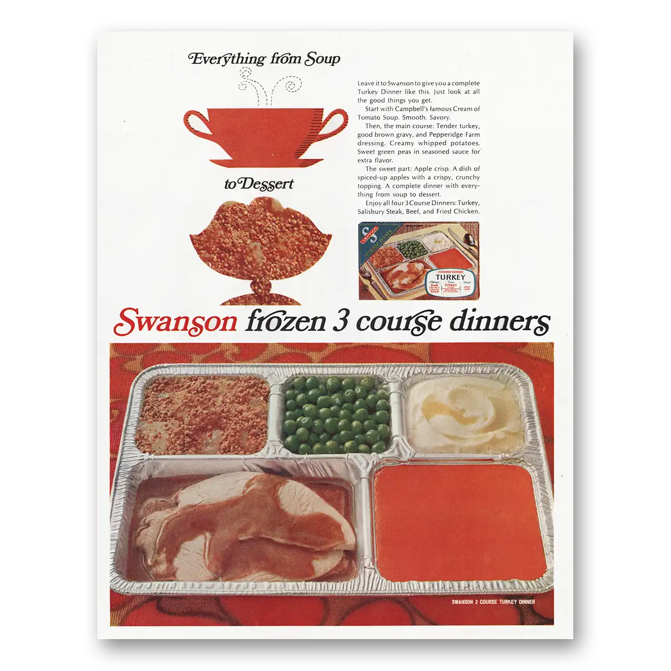 1968 Swanson TV Dinner Frozen 3 Course Dinners Vintage Magazine Print Ad