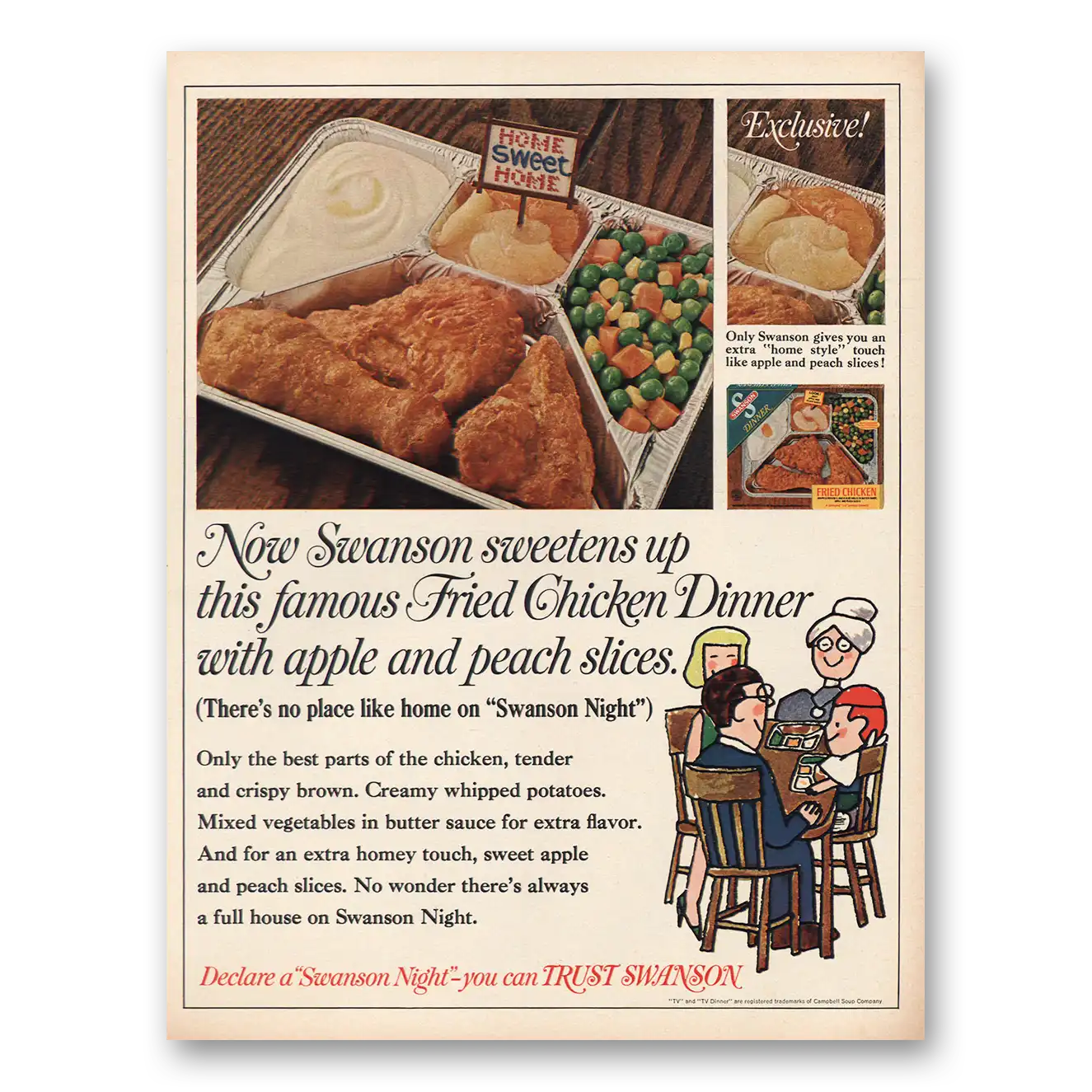 1968 Swanson TV Dinner Fried Chicken Dinner Apple Peach Slices Vintage Magazine Print Ad