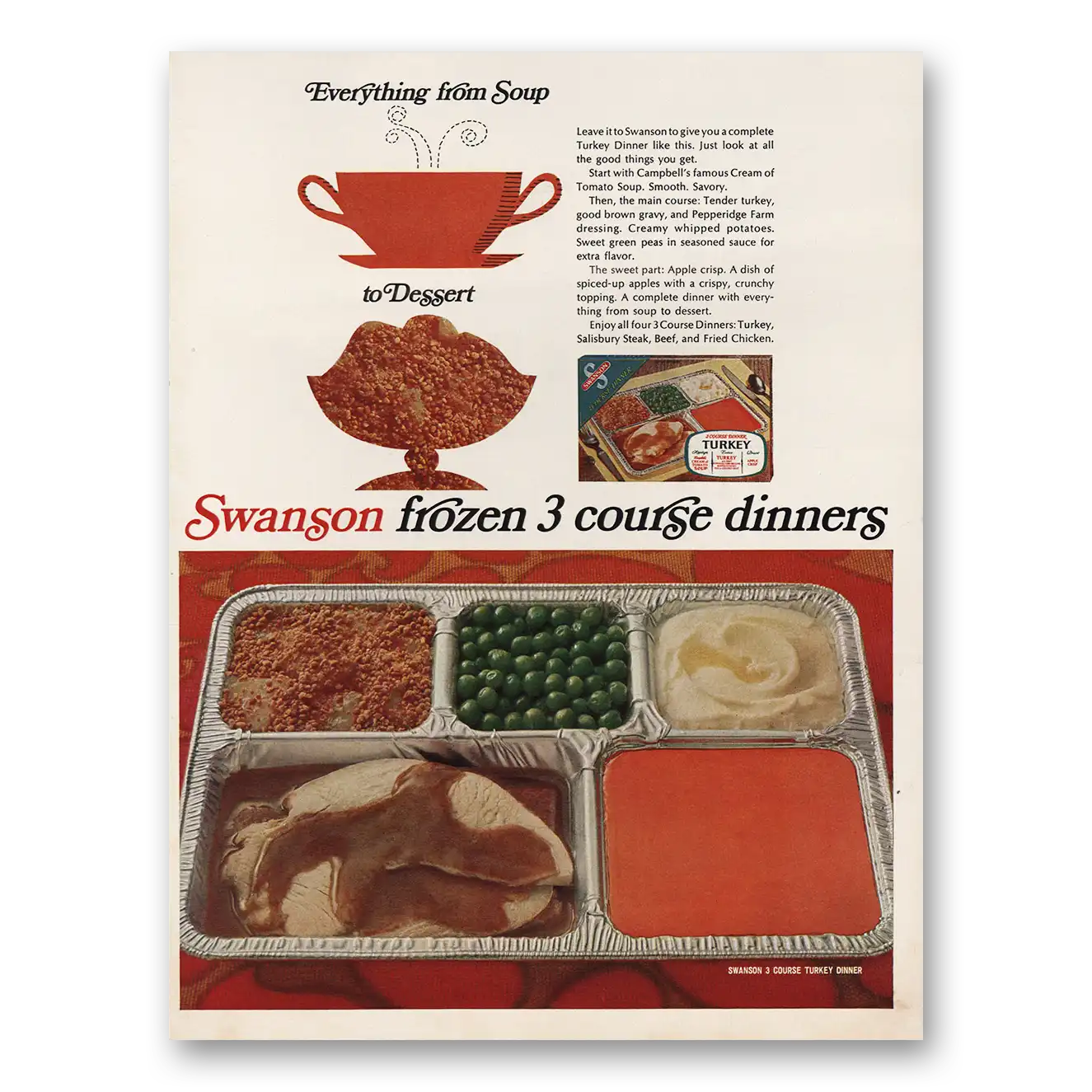 1968 Swanson TV Dinner Frozen Dinners From Soup to Dessert Vintage Magazine Print Ad