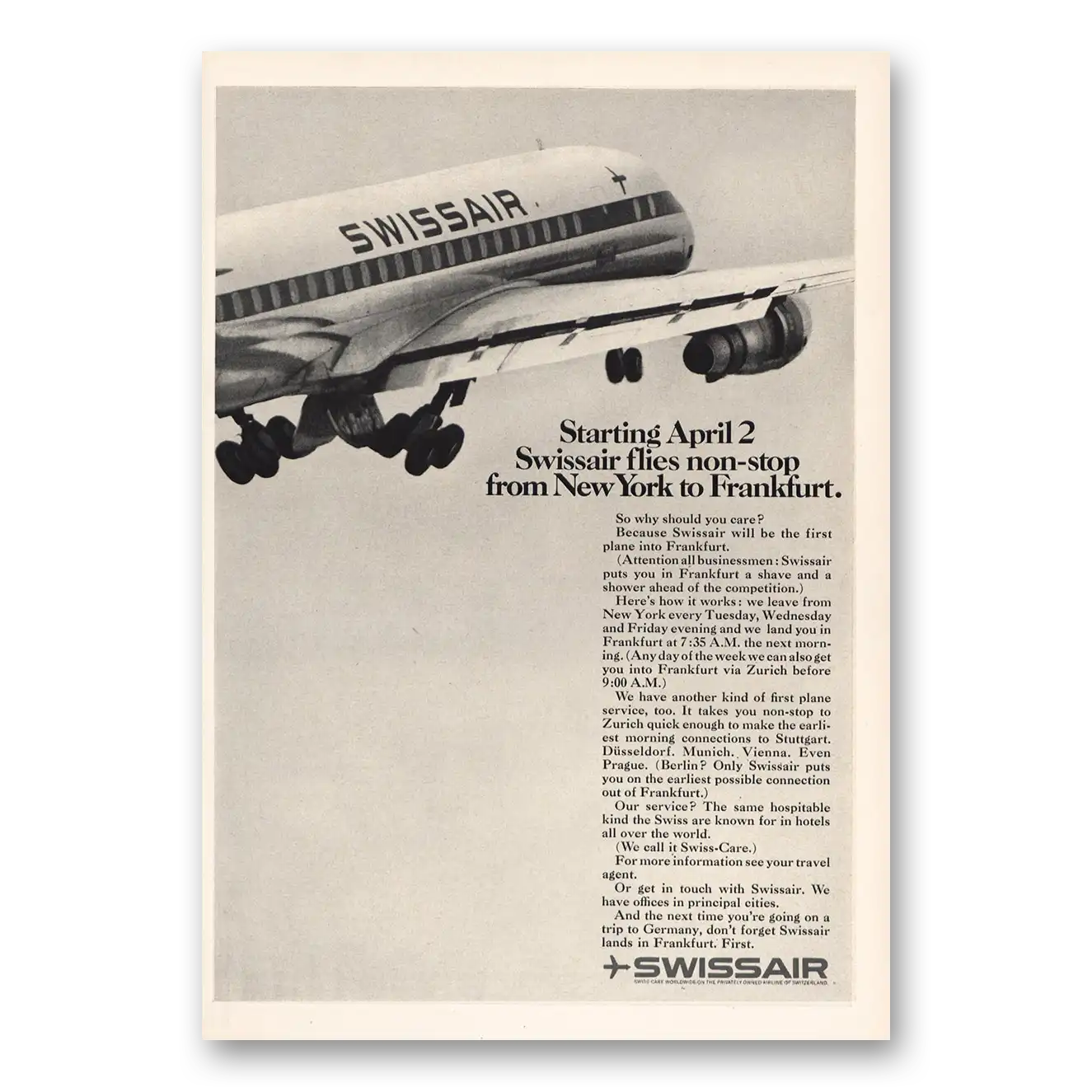 1968 Swissair Non Stop New York to Frankfurt Vintage Magazine Print Ad