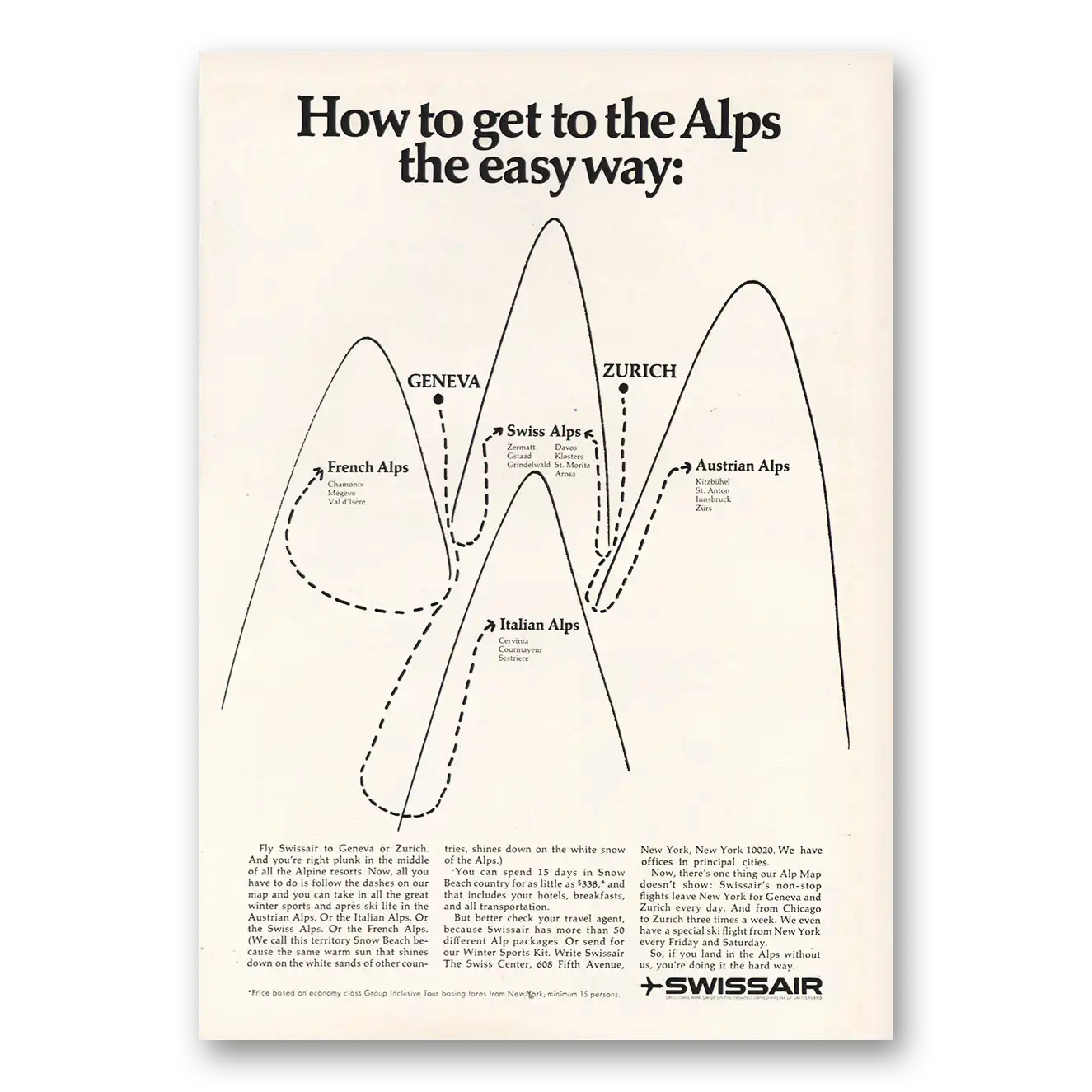 1968 Swissair Get to the Alps Easy Way Vintage Magazine Print Ad