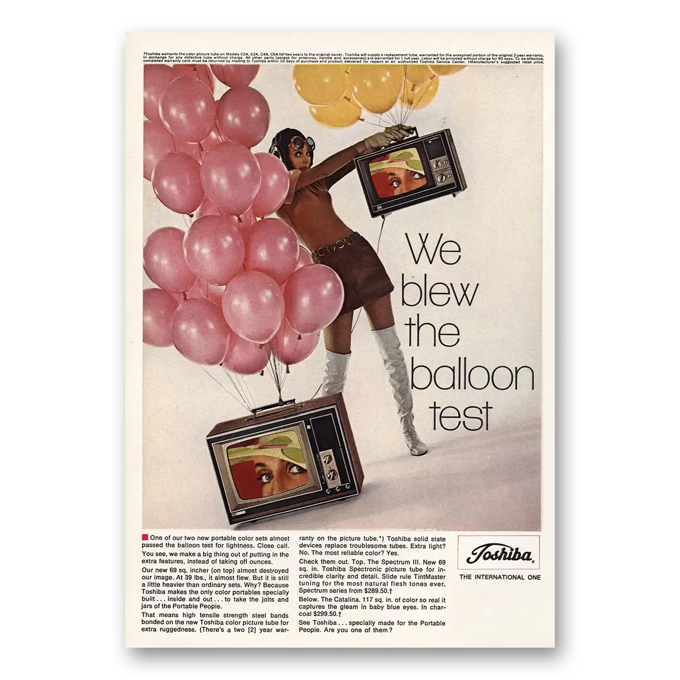 1968 Toshiba Televisions Blew the Balloon Test Vintage Magazine Print Ad