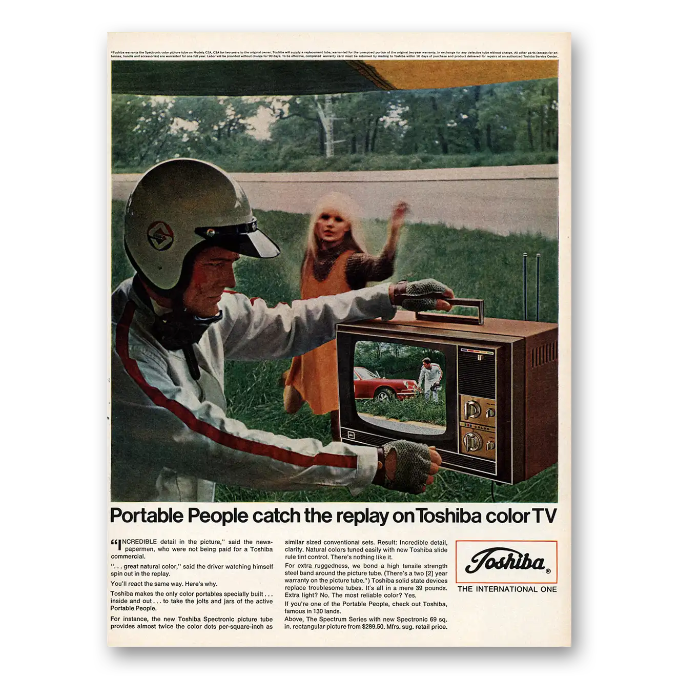 1968 Toshiba Televisions Portable People Catch the Replay Vintage Magazine Print Ad