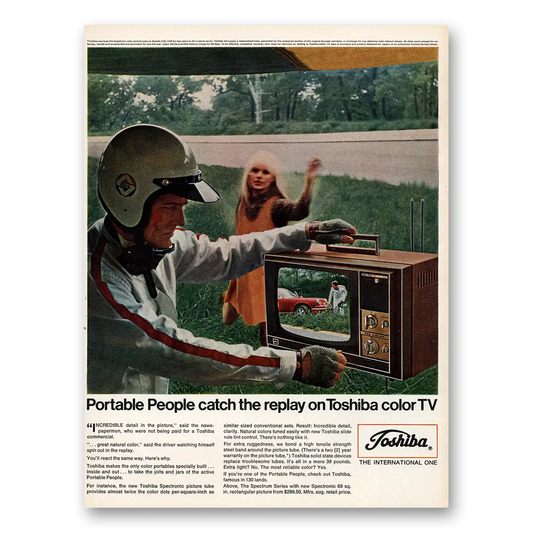 1968 Toshiba Televisions Portable People Catch the Replay Vintage Magazine Print Ad