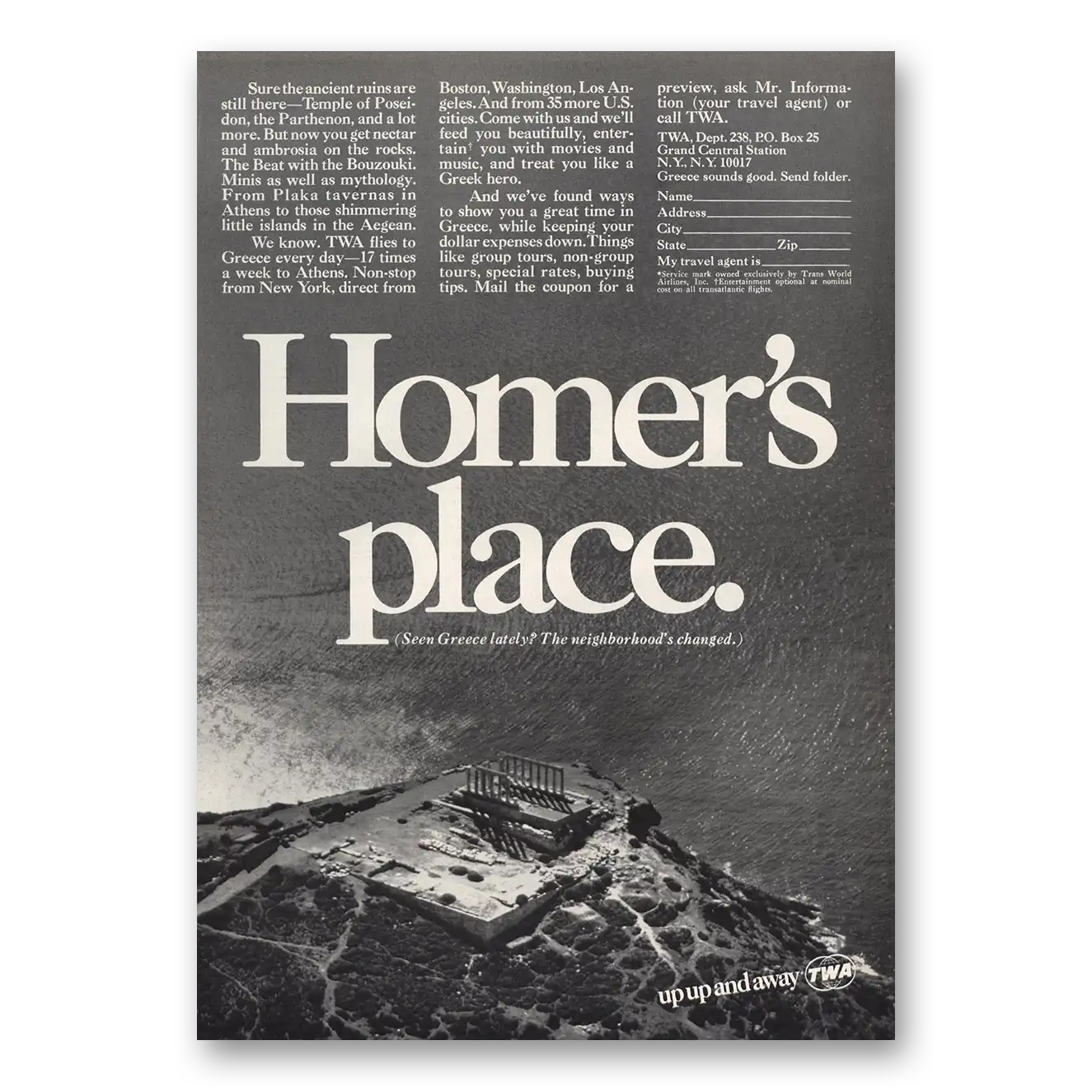 1968 TWA Airlines Homers Place Greece Vintage Magazine Print Ad