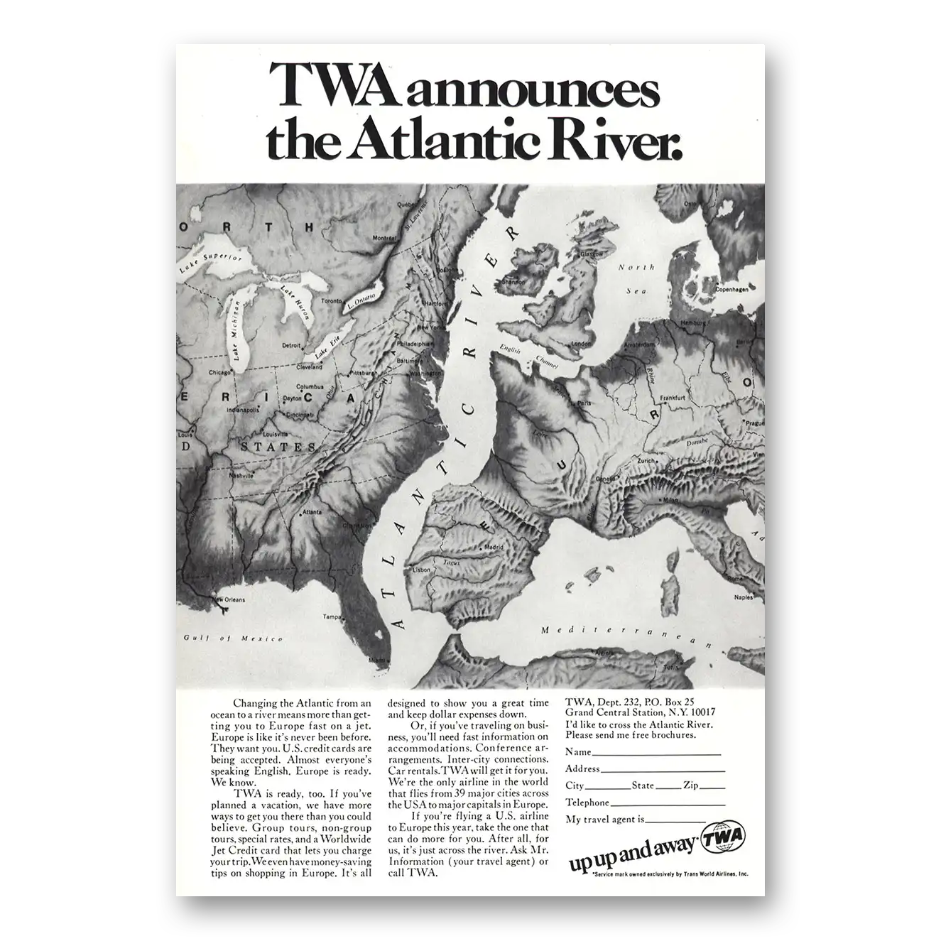 1968 TWA Airlines Announces the Atlantic River Vintage Magazine Print Ad