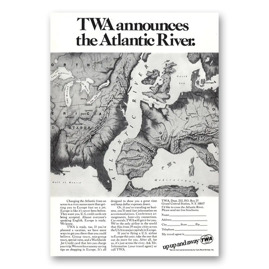 1968 TWA Airlines Announces the Atlantic River Vintage Magazine Print Ad