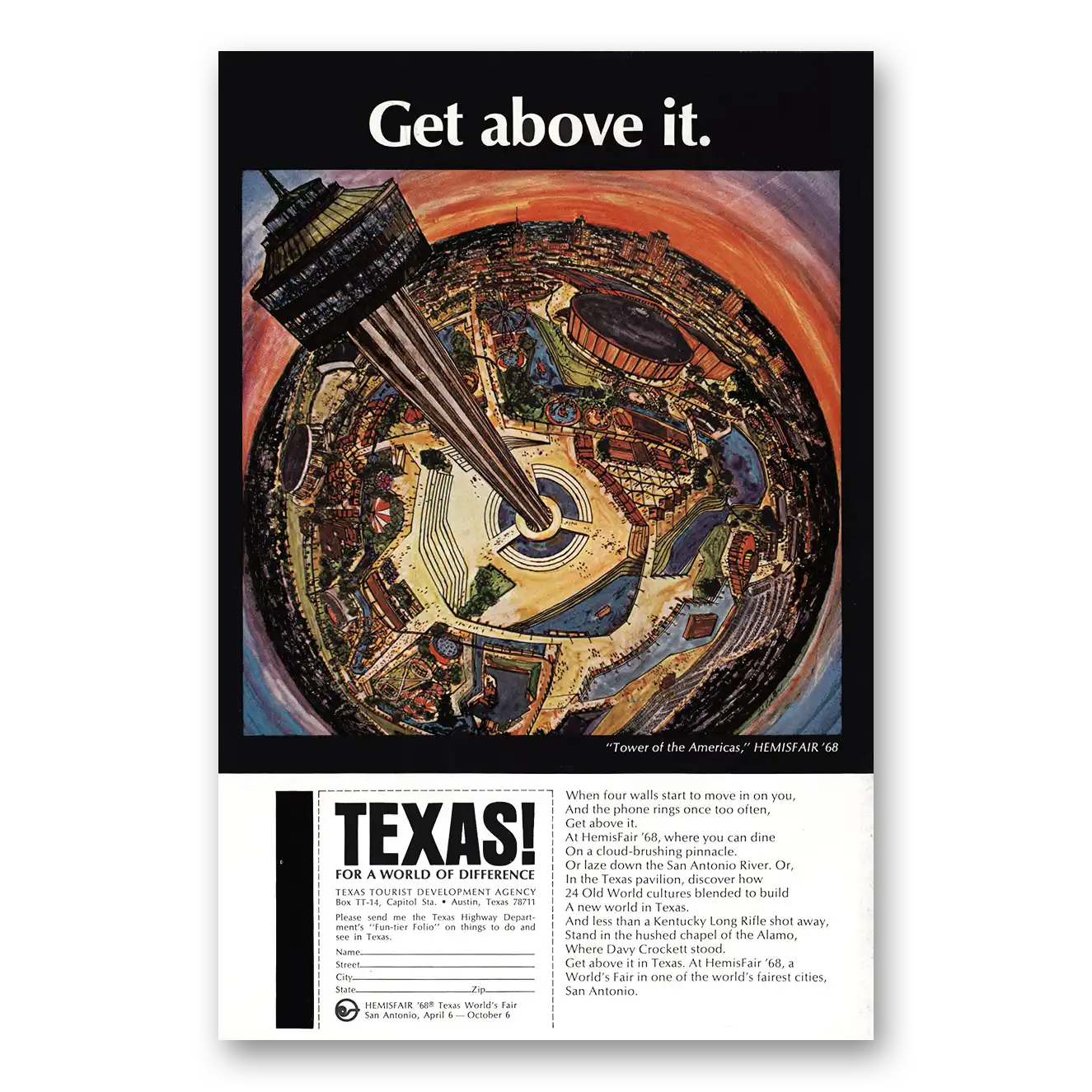 1968 Texas Hemisfair Get Above It Vintage Magazine Print Ad