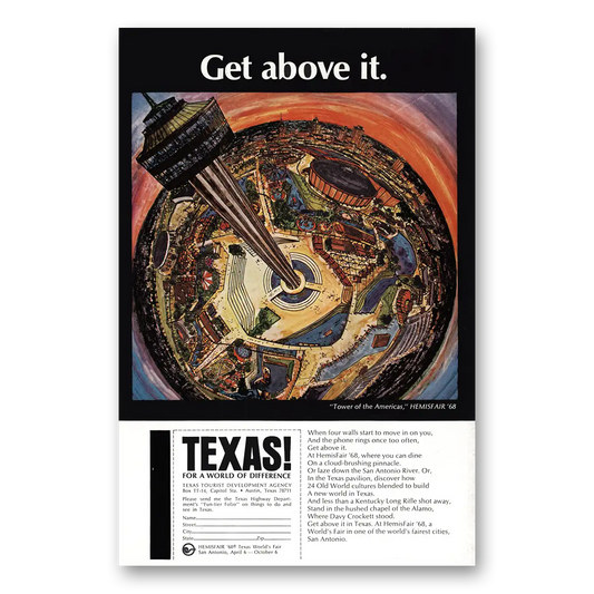 1968 Texas Hemisfair Get Above It Vintage Magazine Print Ad