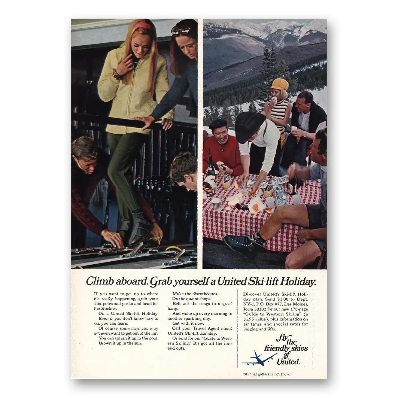 1968 United Airlines Climb Aboard Ski Lift Holiday Vintage Magazine Print Ad