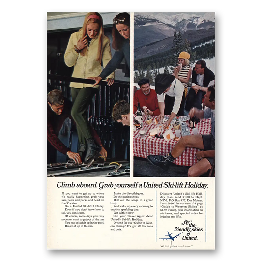 1968 United Airlines Climb Aboard Ski Lift Holiday Vintage Magazine Print Ad