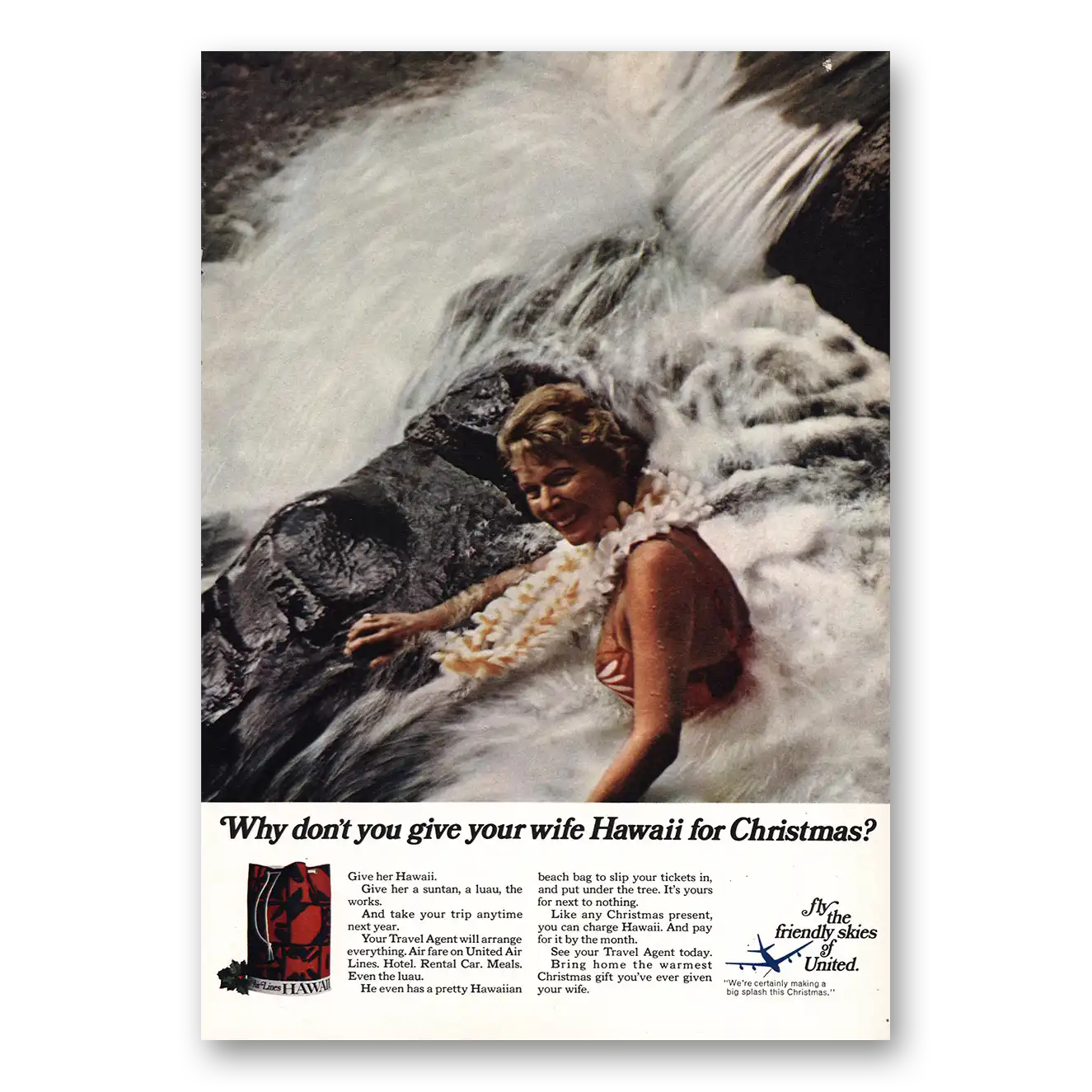 1968 United Airlines Give Your Wife Hawaii For Christmas Vintage Magazine Print Ad