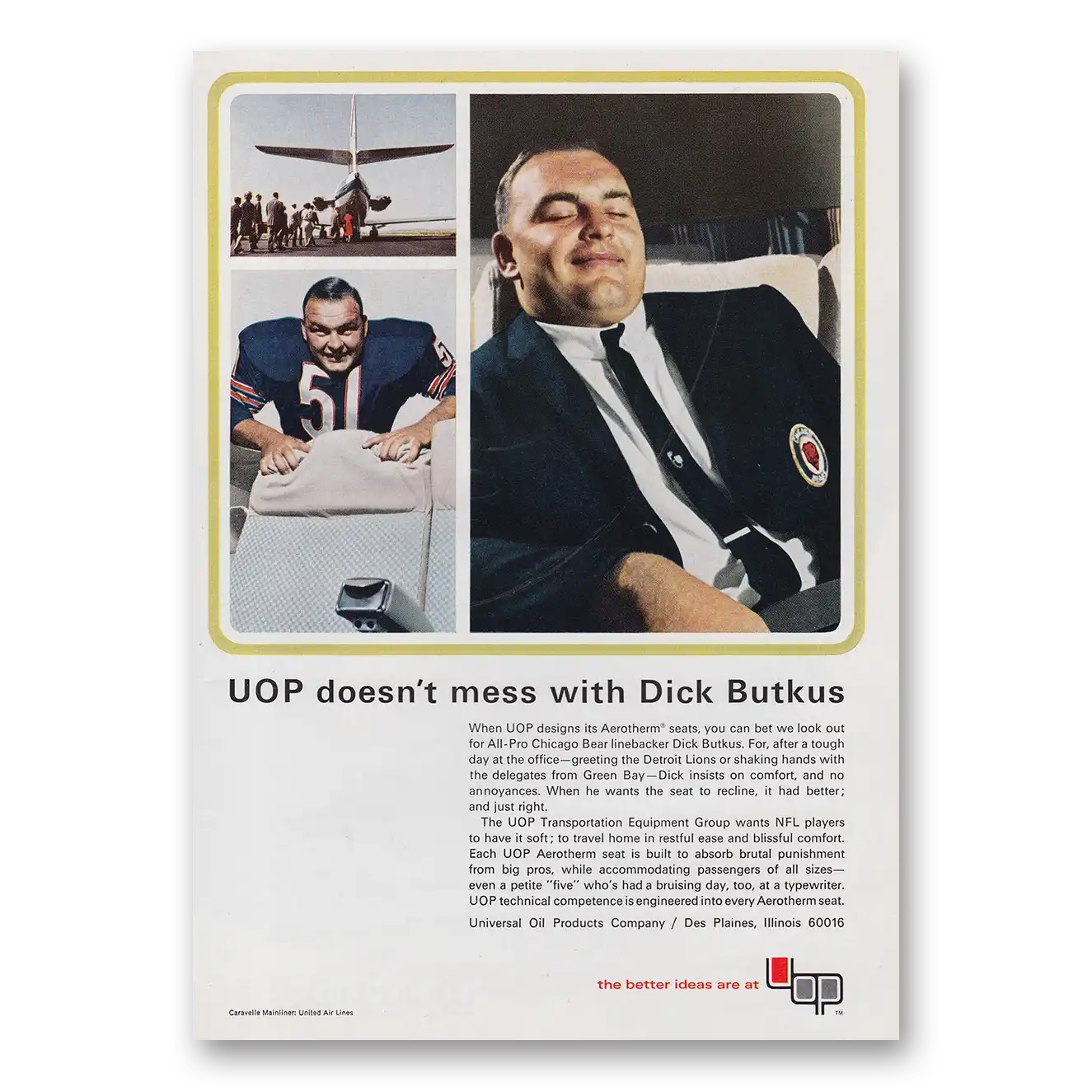 1967 Universal Oil Products Doesn't Mess With Dick Butkus Vintage Magazine Print Ad