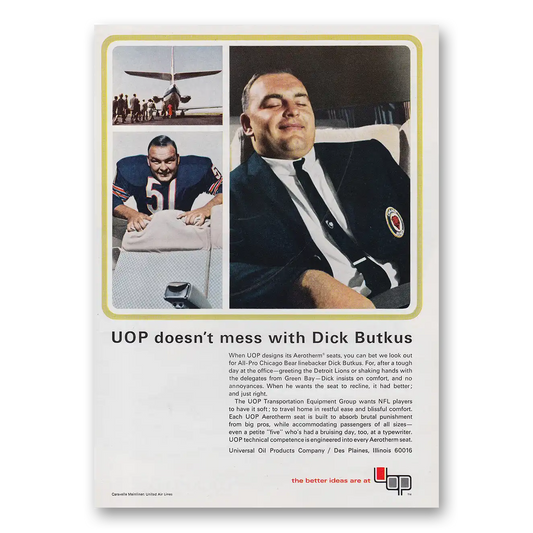 1967 Universal Oil Products Doesn't Mess With Dick Butkus Vintage Magazine Print Ad