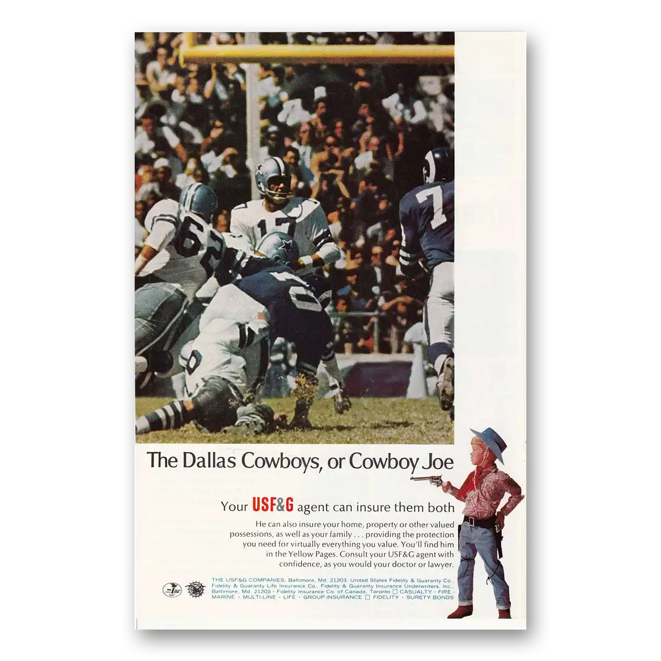 1968 USF&G Dallas Cowboys Cowboy Joe Vintage Magazine Print Ad