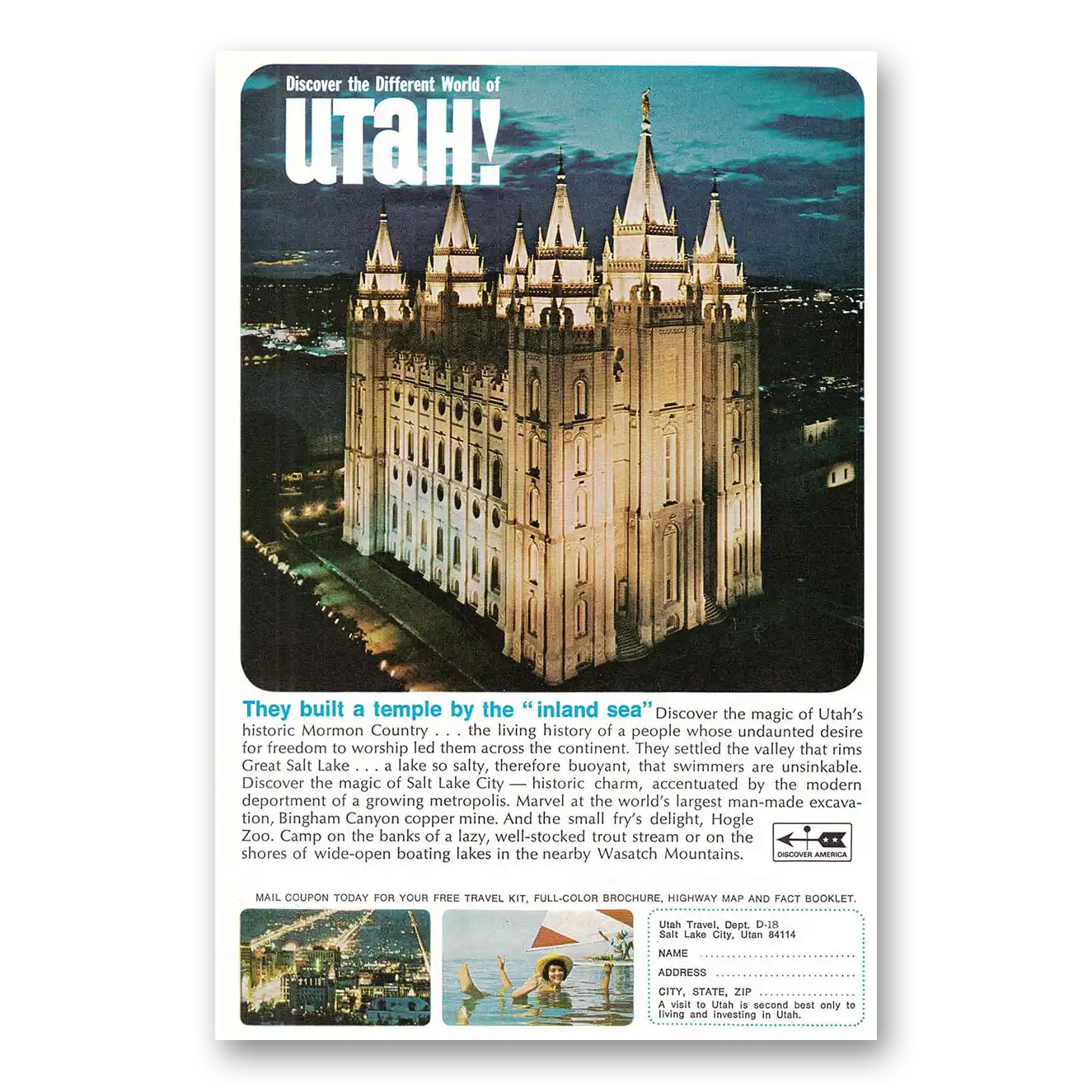 1968 Utah Built a Temple by the Inland Sea Mormon Vintage Magazine Print Ad