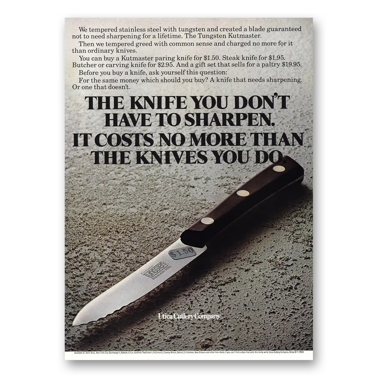 1968 Utica Cutlery Tungsten Kutmaster Knife Vintage Magazine Print Ad