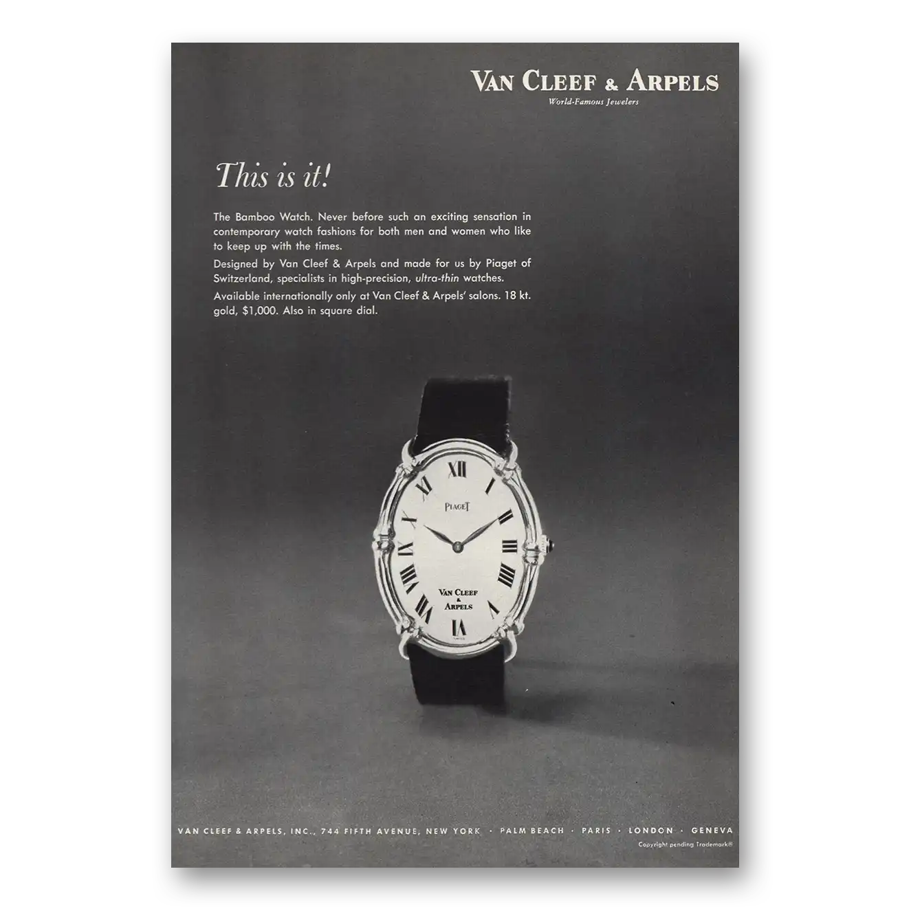 1968 Van Cleef & Arpels Bamboo Watch Vintage Magazine Print Ad