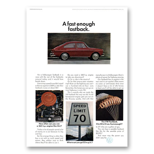 1967 Volkswagen Fastback Sedan Fast Enough Fastback Vintage Magazine Print Ad